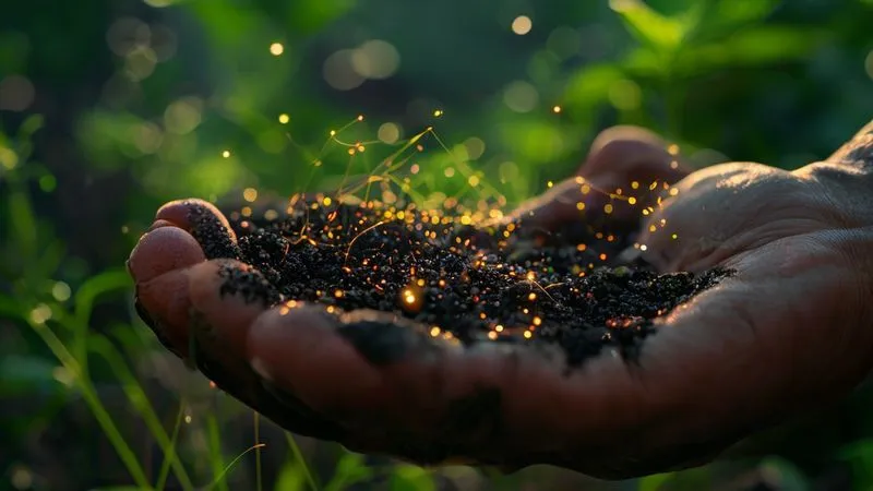 A close-up, photorealistic image showing a handful of rich, dark, crumbly soil teeming with microscopic life, represented by subtle, glowing threads and points of light, held gently by a gardener's hand. cinematic lighting, sharp focus on the soil, depth of field blurring a lush green background, 8K hyper-detailed, shot on a high-end DSLR. A close-up, photorealistic image showing a handful of rich, dark, crumbly soil teeming with microscopic life, represented by subtle, glowing threads and points of light, held gently by a gardener's hand. cinematic lighting, sharp focus on the soil, depth of field blurring a lush green background, 8K hyper-detailed, shot on a high-end DSLR.