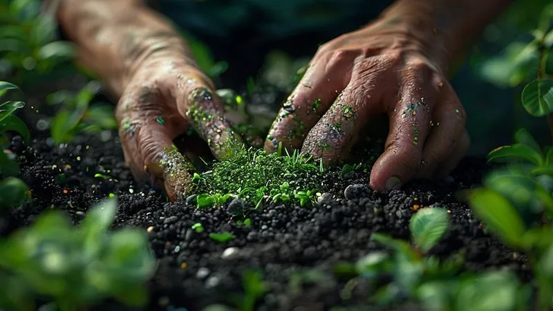 A photorealistic close-up of a gardener's hands gently sifting through rich, dark, organic soil, revealing tiny, vibrant green sprouts and a variety of natural granular fertilizers (bone meal, kelp meal, compost) mixed in. cinematic lighting highlights the texture and richness of the soil, sharp focus on the hands and soil, depth of field blurring a background of thriving plants, 8K hyper-detailed, shot on a high-end DSLR. A photorealistic close-up of a gardener's hands gently sifting through rich, dark, organic soil, revealing tiny, vibrant green sprouts and a variety of natural granular fertilizers (bone meal, kelp meal, compost) mixed in. cinematic lighting highlights the texture and richness of the soil, sharp focus on the hands and soil, depth of field blurring a background of thriving plants, 8K hyper-detailed, shot on a high-end DSLR.