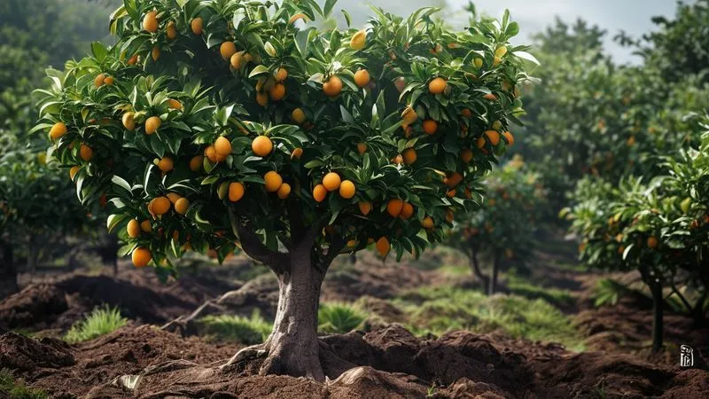A photorealistic image of a mature orange tree in a thriving organic orchard, laden with ripe, juicy oranges. The tree has vibrant green foliage and is surrounded by rich, dark, mulched soil. cinematic lighting, sharp focus on the tree and fruits, depth of field blurring distant rows of healthy trees, 8K hyper-detailed, shot on a high-end DSLR. A photorealistic image of a mature orange tree in a thriving organic orchard, laden with ripe, juicy oranges. The tree has vibrant green foliage and is surrounded by rich, dark, mulched soil. cinematic lighting, sharp focus on the tree and fruits, depth of field blurring distant rows of healthy trees, 8K hyper-detailed, shot on a high-end DSLR.