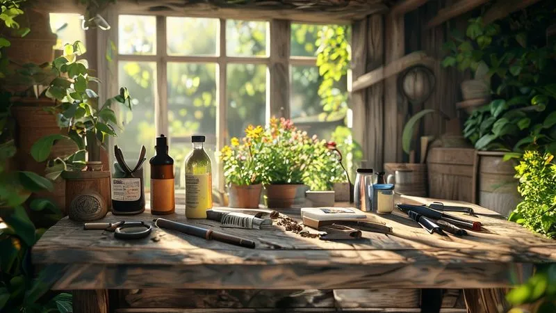 A photorealistic image of a rustic wooden workbench in a sunlit garden shed, displaying essential organic gardening tools: a soil test kit, a small bottle of liquid biofertilizer, a magnifying glass, a gardening journal, and a selection of seeds. cinematic lighting, sharp focus on the tools, depth of field blurring the garden outside, 8K hyper-detailed, shot on a high-end DSLR. A photorealistic image of a rustic wooden workbench in a sunlit garden shed, displaying essential organic gardening tools: a soil test kit, a small bottle of liquid biofertilizer, a magnifying glass, a gardening journal, and a selection of seeds. cinematic lighting, sharp focus on the tools, depth of field blurring the garden outside, 8K hyper-detailed, shot on a high-end DSLR.