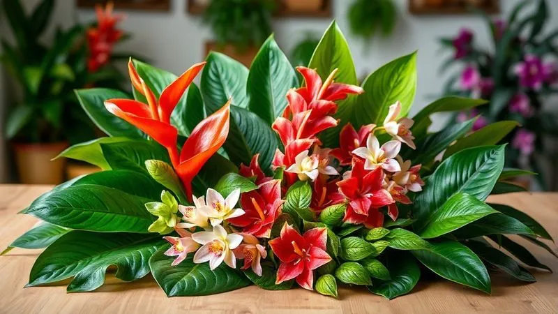 A vibrant, photorealistic display of various fresh tropical plants and cut flowers laid out on a clean wooden table, ready for arrangement. Features include glossy Monstera leaves, bright red Heliconia flowers, delicate Orchids, and lush green Philodendron foliage. Cinematic lighting, sharp focus on the textures of the plants, depth of field blurring the background of a professional floral studio. Professional photography, 8K, shot on a high-end DSLR, emphasizing readiness and quality. A vibrant, photorealistic display of various fresh tropical plants and cut flowers laid out on a clean wooden table, ready for arrangement. Features include glossy Monstera leaves, bright red Heliconia flowers, delicate Orchids, and lush green Philodendron foliage. Cinematic lighting, sharp focus on the textures of the plants, depth of field blurring the background of a professional floral studio. Professional photography, 8K, shot on a high-end DSLR, emphasizing readiness and quality.