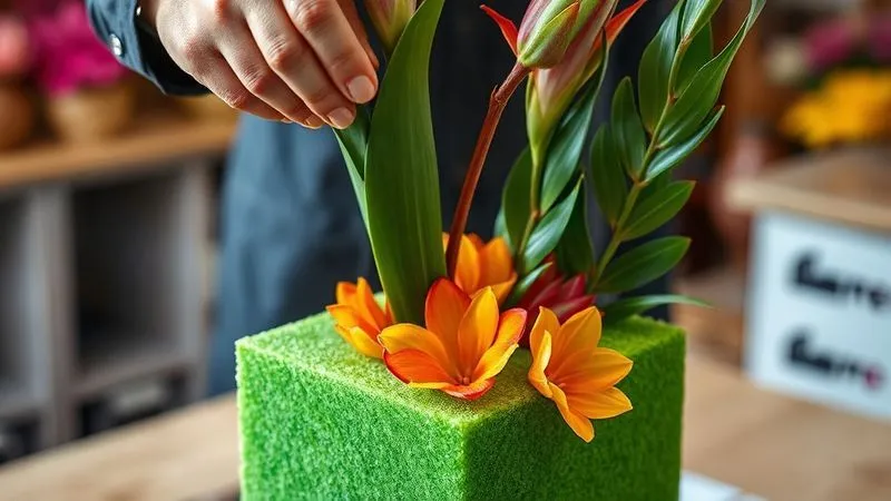 A close-up, photorealistic shot of an expert's hands carefully inserting a vibrant tropical flower stem into a saturated green floral foam block, which is securely placed within an elegant vase. The foam is perfectly cut and positioned, with various other tropical stems already in place, demonstrating precision and technique. Cinematic lighting, sharp focus on the hands and the point of insertion, depth of field blurring the background of a floral workshop. Professional photography, 8K, shot on a high-end DSLR, emphasizing skilled craftsmanship. A close-up, photorealistic shot of an expert's hands carefully inserting a vibrant tropical flower stem into a saturated green floral foam block, which is securely placed within an elegant vase. The foam is perfectly cut and positioned, with various other tropical stems already in place, demonstrating precision and technique. Cinematic lighting, sharp focus on the hands and the point of insertion, depth of field blurring the background of a floral workshop. Professional photography, 8K, shot on a high-end DSLR, emphasizing skilled craftsmanship.