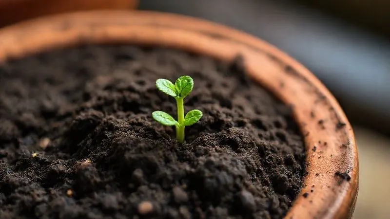 A close-up, photorealistic image of healthy soil in a terracotta pot, showing visible aeration and a balanced moisture level. A tiny, vibrant green sprout emerges from the dark, rich earth. Cinematic lighting highlights the soil texture. 8K, sharp focus, depth of field, professional photography, shot on a high-end DSLR. A close-up, photorealistic image of healthy soil in a terracotta pot, showing visible aeration and a balanced moisture level. A tiny, vibrant green sprout emerges from the dark, rich earth. Cinematic lighting highlights the soil texture. 8K, sharp focus, depth of field, professional photography, shot on a high-end DSLR.