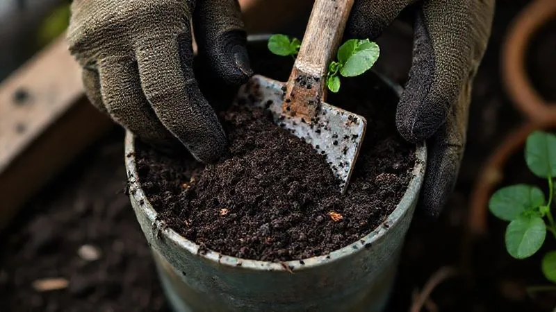 A photorealistic, detailed image of a person's hands wearing gardening gloves, gently mixing dark, rich compost into the topsoil of a potted plant with a small trowel. The compost is well-integrated and not visible on the surface. Cinematic lighting, sharp focus on the hands and soil, 8K, depth of field, professional photography, shot on a high-end DSLR. A photorealistic, detailed image of a person's hands wearing gardening gloves, gently mixing dark, rich compost into the topsoil of a potted plant with a small trowel. The compost is well-integrated and not visible on the surface. Cinematic lighting, sharp focus on the hands and soil, 8K, depth of field, professional photography, shot on a high-end DSLR.