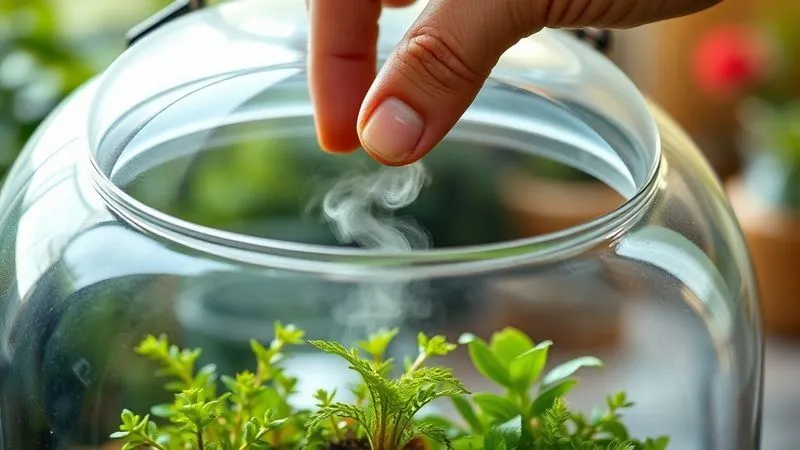 A photorealistic close-up of a gardener's hand gently opening the lid of a sealed glass terrarium, allowing a wispy mist to escape, symbolizing aeration. The interior of the terrarium shows healthy, vibrant miniature plants. Cinematic lighting, sharp focus on the opening lid, depth of field blurring the background, 8K hyper-detailed, shot on a high-end DSLR. A photorealistic close-up of a gardener's hand gently opening the lid of a sealed glass terrarium, allowing a wispy mist to escape, symbolizing aeration. The interior of the terrarium shows healthy, vibrant miniature plants. Cinematic lighting, sharp focus on the opening lid, depth of field blurring the background, 8K hyper-detailed, shot on a high-end DSLR.