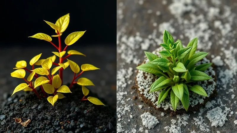 A photorealistic side-by-side comparison. On the left, a small, vibrant, healthy mini garden with rich, dark, clean substrate. On the right, a similar mini garden showing signs of distress: yellowing leaves, a visible layer of white mold on the dull, patchy substrate, emphasizing the contrast between health and infestation. Cinematic lighting, sharp focus, 8K hyper-detailed, shot on a high-end DSLR. A photorealistic side-by-side comparison. On the left, a small, vibrant, healthy mini garden with rich, dark, clean substrate. On the right, a similar mini garden showing signs of distress: yellowing leaves, a visible layer of white mold on the dull, patchy substrate, emphasizing the contrast between health and infestation. Cinematic lighting, sharp focus, 8K hyper-detailed, shot on a high-end DSLR.