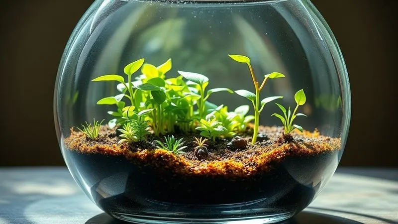 A photorealistic image of a perfectly balanced and thriving miniature garden inside a clear glass terrarium. The substrate is rich and clean, plants are vibrant green, and there's a delicate, healthy layer of condensation. A gentle ray of indirect sunlight illuminates the scene, highlighting the harmony and health. Cinematic lighting, sharp focus, 8K hyper-detailed, shot on a high-end DSLR. A photorealistic image of a perfectly balanced and thriving miniature garden inside a clear glass terrarium. The substrate is rich and clean, plants are vibrant green, and there's a delicate, healthy layer of condensation. A gentle ray of indirect sunlight illuminates the scene, highlighting the harmony and health. Cinematic lighting, sharp focus, 8K hyper-detailed, shot on a high-end DSLR.