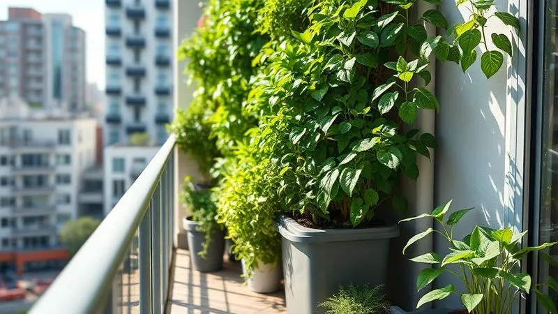 A photorealistic image of a vibrant, thriving vertical garden on a modern balcony, with a discreet, well-maintained vertical composting system integrated at the base. The compost bin is clean and blends seamlessly with the aesthetic, showing no signs of odor. Sunlight illuminates lush green plants. Professional photography, 8K, cinematic lighting, sharp focus on the garden, depth of field blurring the urban background, shot on a high-end DSLR. A photorealistic image of a vibrant, thriving vertical garden on a modern balcony, with a discreet, well-maintained vertical composting system integrated at the base. The compost bin is clean and blends seamlessly with the aesthetic, showing no signs of odor. Sunlight illuminates lush green plants. Professional photography, 8K, cinematic lighting, sharp focus on the garden, depth of field blurring the urban background, shot on a high-end DSLR.
