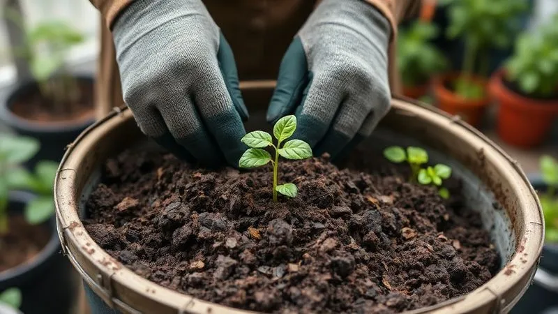 A photorealistic image of a gardener's hands carefully turning and mixing compost in a vertical bin, showing rich, dark, earthy material. The hands are wearing gardening gloves, and a small, vibrant green sprout is emerging from the compost. Cinematic lighting, sharp focus on the hands and compost, depth of field blurring the background of a modern vertical garden. 8K hyper-detailed, professional photography, shot on a high-end DSLR. A photorealistic image of a gardener's hands carefully turning and mixing compost in a vertical bin, showing rich, dark, earthy material. The hands are wearing gardening gloves, and a small, vibrant green sprout is emerging from the compost. Cinematic lighting, sharp focus on the hands and compost, depth of field blurring the background of a modern vertical garden. 8K hyper-detailed, professional photography, shot on a high-end DSLR.