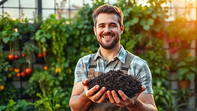 A photorealistic image of a proud gardener smiling, holding a handful of rich, dark, earthy compost, standing in front of a flourishing vertical garden bursting with fresh herbs and vegetables. The scene is bathed in warm, golden hour cinematic lighting. Sharp focus on the gardener and the compost, with a beautiful depth of field blurring the vibrant plants in the background. 8K hyper-detailed, professional photography, shot on a high-end DSLR. A photorealistic image of a proud gardener smiling, holding a handful of rich, dark, earthy compost, standing in front of a flourishing vertical garden bursting with fresh herbs and vegetables. The scene is bathed in warm, golden hour cinematic lighting. Sharp focus on the gardener and the compost, with a beautiful depth of field blurring the vibrant plants in the background. 8K hyper-detailed, professional photography, shot on a high-end DSLR.