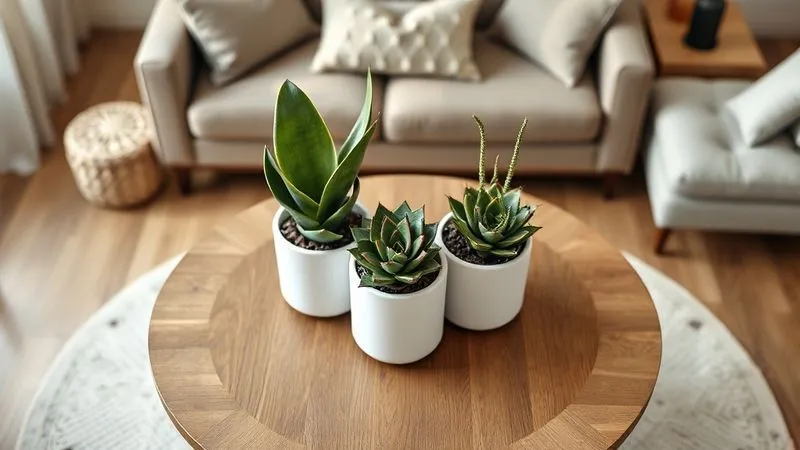 A photorealistic, top-down view of a minimalist round coffee table featuring a perfectly balanced succulent arrangement. The arrangement includes three different succulent types (a tall Sansevieria, a medium-sized Echeveria, and a trailing Sedum) in matching matte white ceramic pots, creating varied heights and textures. The background is a softly blurred modern living room, emphasizing harmony and visual balance. Professional photography, 8K, cinematic lighting, sharp focus, depth of field. A photorealistic, top-down view of a minimalist round coffee table featuring a perfectly balanced succulent arrangement. The arrangement includes three different succulent types (a tall Sansevieria, a medium-sized Echeveria, and a trailing Sedum) in matching matte white ceramic pots, creating varied heights and textures. The background is a softly blurred modern living room, emphasizing harmony and visual balance. Professional photography, 8K, cinematic lighting, sharp focus, depth of field.