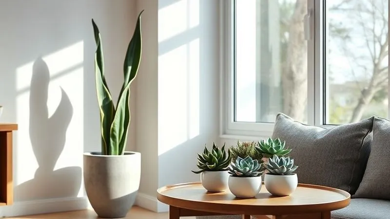 A photorealistic, professional photography shot of a modern living room corner. A tall, slender Sansevieria in a minimalist concrete planter stands next to a large window, bathed in soft, indirect natural light. On a low, sleek wooden side table, a cluster of Echeverias and Haworthias in small white ceramic pots creates a harmonious focal point. The scene emphasizes ideal lighting and strategic positioning for indoor succulents, 8K, cinematic lighting, sharp focus, depth of field. A photorealistic, professional photography shot of a modern living room corner. A tall, slender Sansevieria in a minimalist concrete planter stands next to a large window, bathed in soft, indirect natural light. On a low, sleek wooden side table, a cluster of Echeverias and Haworthias in small white ceramic pots creates a harmonious focal point. The scene emphasizes ideal lighting and strategic positioning for indoor succulents, 8K, cinematic lighting, sharp focus, depth of field.