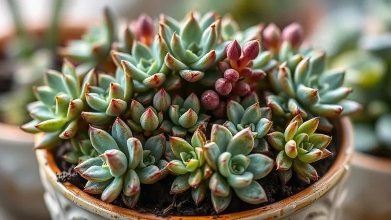 A close-up, photorealistic image of an overcrowded succulent pot. Multiple small, slightly etiolated succulents are crammed into a single, small, decorative ceramic pot without a drainage hole, showing signs of stress and a lack of space. The soil appears overly moist. Soft, diffused lighting, 8K, professional photography, sharp focus on the crowded plants, depth of field blurring the background, subtly depicting a common gardening mistake. A close-up, photorealistic image of an overcrowded succulent pot. Multiple small, slightly etiolated succulents are crammed into a single, small, decorative ceramic pot without a drainage hole, showing signs of stress and a lack of space. The soil appears overly moist. Soft, diffused lighting, 8K, professional photography, sharp focus on the crowded plants, depth of field blurring the background, subtly depicting a common gardening mistake.
