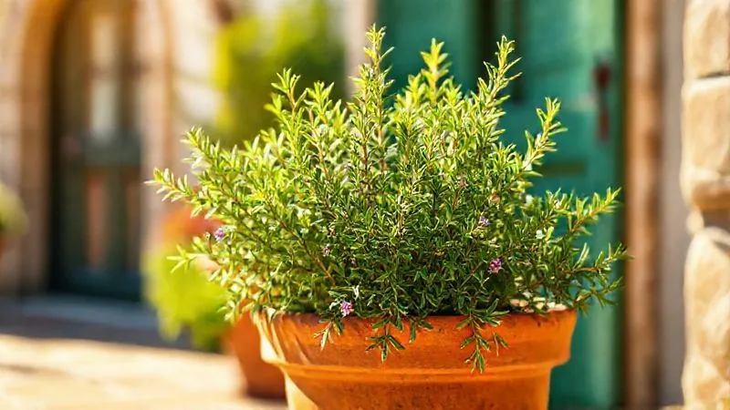 A photorealistic image of a healthy, lush rosemary plant in a rustic terracotta pot, bathed in warm, golden sunlight on a bright Mediterranean-style patio. The plant shows vibrant green leaves and hints of delicate purple flowers. The background is softly blurred, showcasing architectural details like a stone wall or an old wooden door. 8K, professional photography, cinematic lighting, sharp focus on the plant, depth of field, shot on a high-end DSLR. A photorealistic image of a healthy, lush rosemary plant in a rustic terracotta pot, bathed in warm, golden sunlight on a bright Mediterranean-style patio. The plant shows vibrant green leaves and hints of delicate purple flowers. The background is softly blurred, showcasing architectural details like a stone wall or an old wooden door. 8K, professional photography, cinematic lighting, sharp focus on the plant, depth of field, shot on a high-end DSLR.