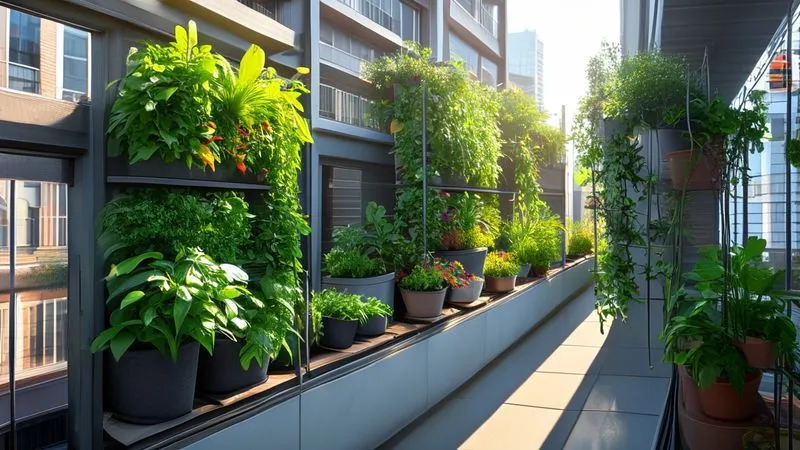 A photorealistic, professional photography, 8K, cinematic lighting, sharp focus, depth of field, shot on a high-end DSLR, showing a comparison of different vertical garden systems on a small balcony. On one side, a series of felt pockets with herbs; in the middle, modular plastic planters with small vegetables; and on the other side, a trellis with climbing plants and hanging pots. The image highlights the diversity and adaptability of systems for tiny spaces, with soft morning light illuminating the scene. A photorealistic, professional photography, 8K, cinematic lighting, sharp focus, depth of field, shot on a high-end DSLR, showing a comparison of different vertical garden systems on a small balcony. On one side, a series of felt pockets with herbs; in the middle, modular plastic planters with small vegetables; and on the other side, a trellis with climbing plants and hanging pots. The image highlights the diversity and adaptability of systems for tiny spaces, with soft morning light illuminating the scene.