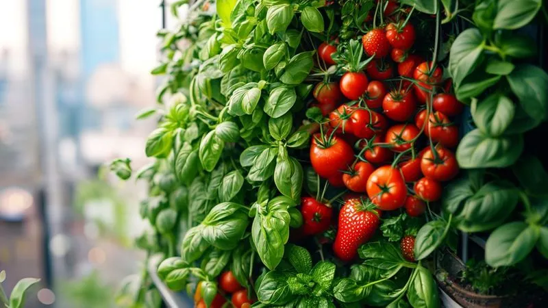 A photorealistic, professional photography, 8K, cinematic lighting, sharp focus, depth of field, shot on a high-end DSLR, showcasing a vibrant assortment of carefully selected plants thriving in a vertical garden on a tiny balcony. Close-ups reveal fresh basil, cherry tomatoes, leafy green lettuce, and bright red strawberries, all appearing healthy and ready for harvest. The composition emphasizes the diversity and productivity achievable in a small space, with natural light enhancing the colors. A photorealistic, professional photography, 8K, cinematic lighting, sharp focus, depth of field, shot on a high-end DSLR, showcasing a vibrant assortment of carefully selected plants thriving in a vertical garden on a tiny balcony. Close-ups reveal fresh basil, cherry tomatoes, leafy green lettuce, and bright red strawberries, all appearing healthy and ready for harvest. The composition emphasizes the diversity and productivity achievable in a small space, with natural light enhancing the colors.