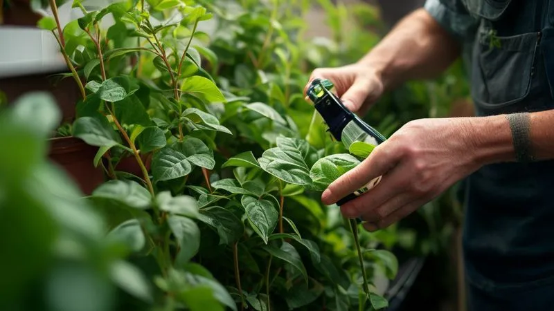 A photorealistic, professional photography, 8K, cinematic lighting, sharp focus, depth of field, shot on a high-end DSLR, showing a gardener's hands gently inspecting the leaves of a thriving vertical garden plant on a small balcony. One hand carefully lifts a leaf to check for pests, while the other holds a small spray bottle of organic pest repellent. The image conveys careful maintenance and attention to detail, with healthy, green foliage in sharp focus. A photorealistic, professional photography, 8K, cinematic lighting, sharp focus, depth of field, shot on a high-end DSLR, showing a gardener's hands gently inspecting the leaves of a thriving vertical garden plant on a small balcony. One hand carefully lifts a leaf to check for pests, while the other holds a small spray bottle of organic pest repellent. The image conveys careful maintenance and attention to detail, with healthy, green foliage in sharp focus.