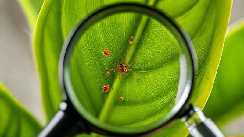 A close-up, photorealistic image of the underside of a vibrant green indoor plant leaf, showing tiny red spider mites and their delicate, almost invisible webbing, with a magnifying glass held nearby, cinematic lighting, sharp focus, 8K, professional photography.