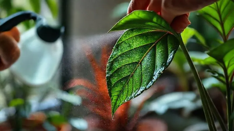 A photorealistic, professional photography, 8K, cinematic lighting, sharp focus, depth of field, shot on a high-end DSLR, showing a gardener carefully spraying the underside of a plant leaf with a fine mist from a spray bottle, the droplets glistening. The focus is on the precise application, with a blurred background of other indoor plants. A photorealistic, professional photography, 8K, cinematic lighting, sharp focus, depth of field, shot on a high-end DSLR, showing a gardener carefully spraying the underside of a plant leaf with a fine mist from a spray bottle, the droplets glistening. The focus is on the precise application, with a blurred background of other indoor plants.