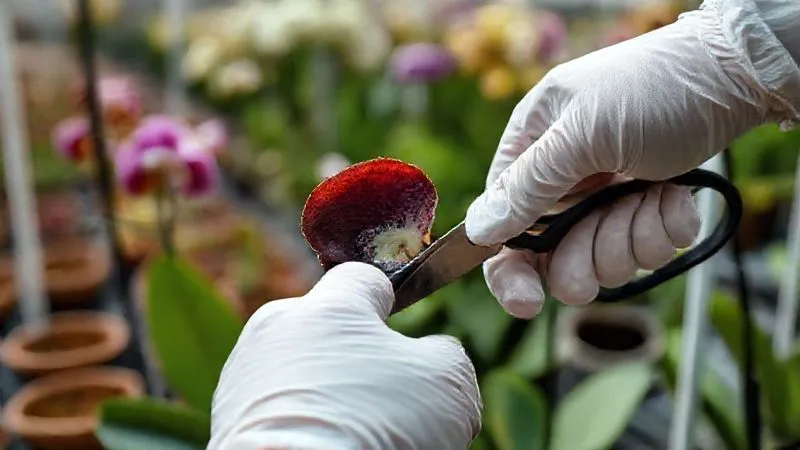 A close-up, photorealistic image of a skilled hand wearing sterile gloves, carefully pruning a dark, necrotic leaf section from an orchid, using sterilized shears. The cut is clean, revealing healthy tissue underneath. The background shows other healthy orchids in a commercial greenhouse, with cinematic lighting highlighting the precision of the action, sharp focus on the cut, and a shallow depth of field. The image conveys precision and urgency. A close-up, photorealistic image of a skilled hand wearing sterile gloves, carefully pruning a dark, necrotic leaf section from an orchid, using sterilized shears. The cut is clean, revealing healthy tissue underneath. The background shows other healthy orchids in a commercial greenhouse, with cinematic lighting highlighting the precision of the action, sharp focus on the cut, and a shallow depth of field. The image conveys precision and urgency.
