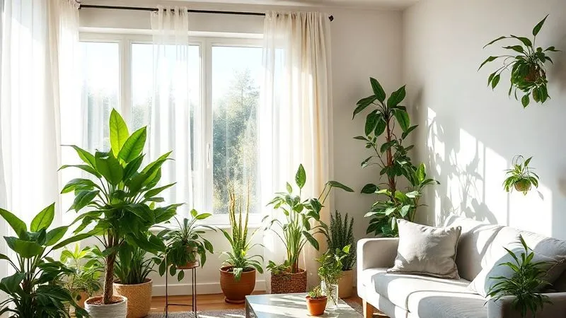 A photorealistic image of a bright, sunlit living room with a variety of indoor plants thriving. Some plants are placed near a window with sheer curtains, others in a slightly shaded corner, demonstrating optimal light placement. Cinematic lighting, 8K hyper-detailed, professional photography, shot on a high-end DSLR. A photorealistic image of a bright, sunlit living room with a variety of indoor plants thriving. Some plants are placed near a window with sheer curtains, others in a slightly shaded corner, demonstrating optimal light placement. Cinematic lighting, 8K hyper-detailed, professional photography, shot on a high-end DSLR.