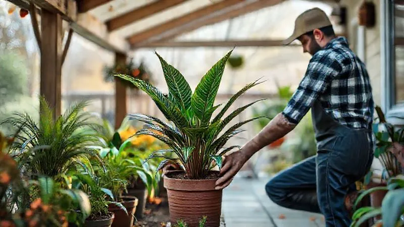 A photorealistic image of a gardener carefully placing a potted tropical plant under a protective porch during autumn, with other plants gradually being moved indoors in the background. Professional photography, 8K, cinematic lighting, sharp focus on the potted plant, depth of field blurring the background, shot on a high-end DSLR. A photorealistic image of a gardener carefully placing a potted tropical plant under a protective porch during autumn, with other plants gradually being moved indoors in the background. Professional photography, 8K, cinematic lighting, sharp focus on the potted plant, depth of field blurring the background, shot on a high-end DSLR.