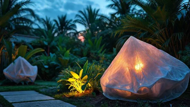 A photorealistic image of a vibrant tropical garden at dusk, with several plants covered with white frost cloths, secured at the base. A soft, warm light emanates from beneath one of the covers, suggesting active protection. Professional photography, 8K, cinematic lighting, sharp focus on the covered plants, depth of field blurring the background, shot on a high-end DSLR. A photorealistic image of a vibrant tropical garden at dusk, with several plants covered with white frost cloths, secured at the base. A soft, warm light emanates from beneath one of the covers, suggesting active protection. Professional photography, 8K, cinematic lighting, sharp focus on the covered plants, depth of field blurring the background, shot on a high-end DSLR.