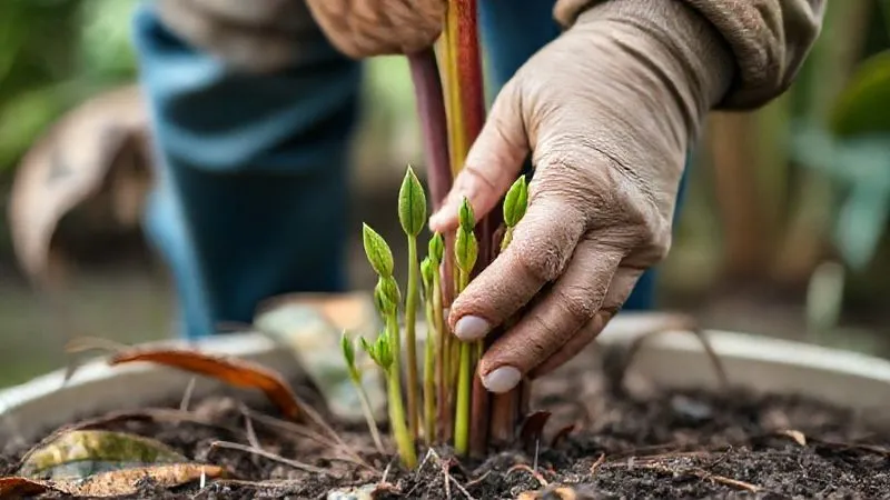 A photorealistic image of a gardener's hands gently inspecting new green shoots emerging from the base of a tropical plant that had previously shown frost damage. The old, brown leaves are visible in the background, contrasting with the vibrant new growth. Professional photography, 8K, cinematic lighting, sharp focus on the new shoots, depth of field blurring the background, shot on a high-end DSLR. A photorealistic image of a gardener's hands gently inspecting new green shoots emerging from the base of a tropical plant that had previously shown frost damage. The old, brown leaves are visible in the background, contrasting with the vibrant new growth. Professional photography, 8K, cinematic lighting, sharp focus on the new shoots, depth of field blurring the background, shot on a high-end DSLR.