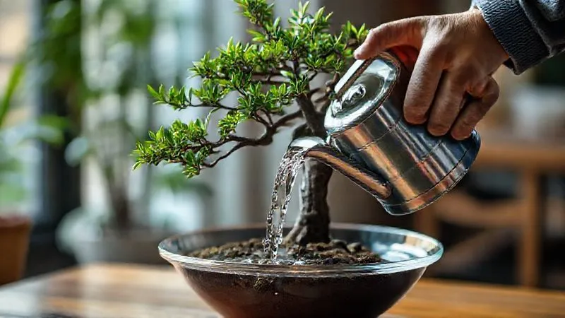 A photorealistic, professional photography, 8K image of a person carefully watering a bonsai tree indoors with a small watering can, showing water visibly draining from the bottom of the pot into a clear saucer, emphasizing proper drainage. Cinematic lighting, sharp focus on the watering process, depth of field blurring the background, shot on a high-end DSLR, conveying meticulous care. A photorealistic, professional photography, 8K image of a person carefully watering a bonsai tree indoors with a small watering can, showing water visibly draining from the bottom of the pot into a clear saucer, emphasizing proper drainage. Cinematic lighting, sharp focus on the watering process, depth of field blurring the background, shot on a high-end DSLR, conveying meticulous care.