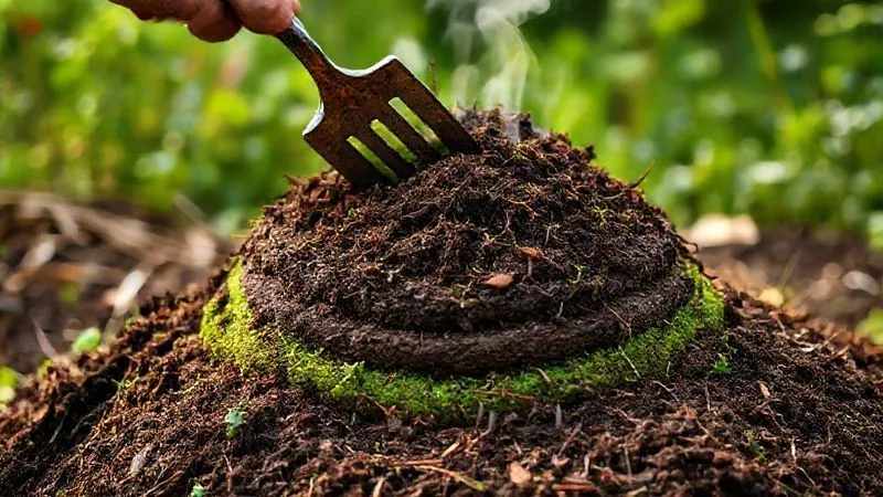 A photorealistic, professional photography image of a perfectly layered compost pile, showing distinct layers of green and brown materials, with steam gently rising, indicating active decomposition. A gardener's hand is holding a compost fork, ready to turn the pile. Cinematic lighting highlights the texture of the organic matter. Sharp focus on the compost pile, depth of field blurring a lush garden background. Shot on a high-end DSLR, 8K hyper-detailed, conveying a sense of natural process and care. A photorealistic, professional photography image of a perfectly layered compost pile, showing distinct layers of green and brown materials, with steam gently rising, indicating active decomposition. A gardener's hand is holding a compost fork, ready to turn the pile. Cinematic lighting highlights the texture of the organic matter. Sharp focus on the compost pile, depth of field blurring a lush garden background. Shot on a high-end DSLR, 8K hyper-detailed, conveying a sense of natural process and care.