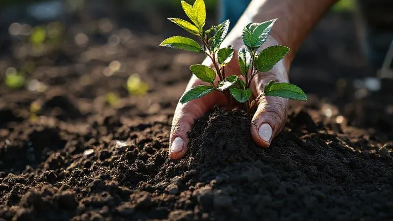 Photorealistic, professional photography, 8K, cinematic lighting, sharp focus, depth of field, shot on a high-end DSLR. A gardener's hand gently crumbling dark, rich soil, with a small fruit tree sapling in the background, sunlight filtering through leaves, indicating healthy soil structure.