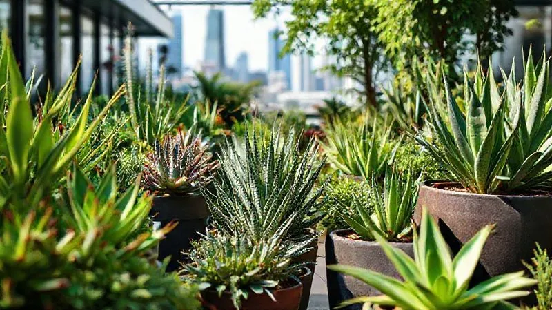 A photorealistic, professional photography shot of a vibrant urban garden filled with a variety of low-maintenance plants like succulents, snake plants, and aloe vera in modern, durable planters. The scene is bathed in soft, natural light, highlighting the diverse textures and green hues. Sharp focus on the healthy plants, with a gentle depth of field blurring the city skyline in the background. 8K hyper-detailed, shot on a high-end DSLR. A photorealistic, professional photography shot of a vibrant urban garden filled with a variety of low-maintenance plants like succulents, snake plants, and aloe vera in modern, durable planters. The scene is bathed in soft, natural light, highlighting the diverse textures and green hues. Sharp focus on the healthy plants, with a gentle depth of field blurring the city skyline in the background. 8K hyper-detailed, shot on a high-end DSLR.