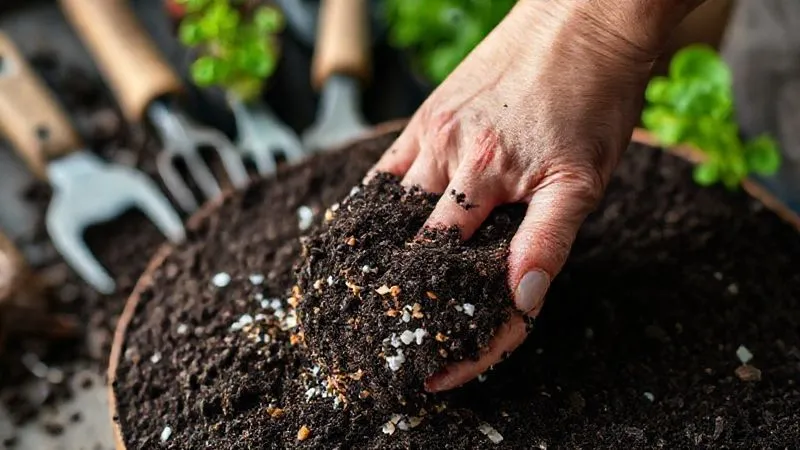 A close-up, photorealistic image of a human hand mixing a rich, dark substrate blend for a vertical garden. The blend shows visible components like light brown coconut fiber, white perlite, and dark organic matter, emphasizing texture and quality. Cinematic lighting, sharp focus on the hands and substrate, with a blurred background of various gardening tools. Professional photography, 8K, shot on a high-end DSLR. A close-up, photorealistic image of a human hand mixing a rich, dark substrate blend for a vertical garden. The blend shows visible components like light brown coconut fiber, white perlite, and dark organic matter, emphasizing texture and quality. Cinematic lighting, sharp focus on the hands and substrate, with a blurred background of various gardening tools. Professional photography, 8K, shot on a high-end DSLR.