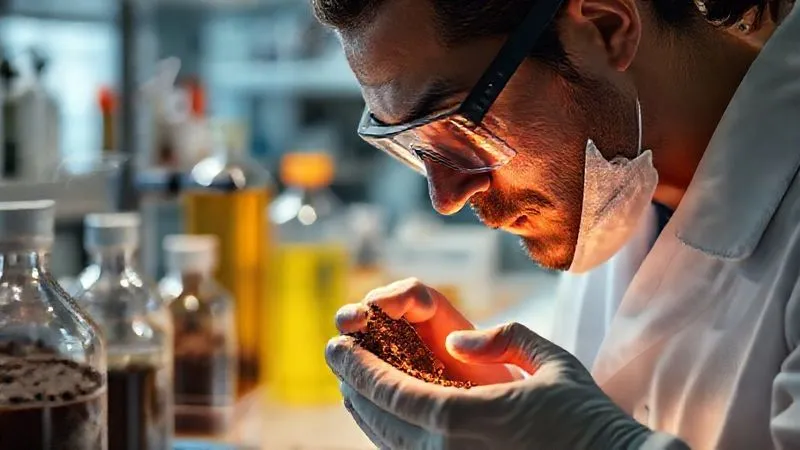 A photorealistic close-up of a soil sample being analyzed in a professional laboratory, with various chemical reagents and lab equipment visible. The focus is on a soil technician carefully examining the sample, 8K, cinematic lighting, sharp focus, depth of field, professional photography, representing scientific soil analysis. A photorealistic close-up of a soil sample being analyzed in a professional laboratory, with various chemical reagents and lab equipment visible. The focus is on a soil technician carefully examining the sample, 8K, cinematic lighting, sharp focus, depth of field, professional photography, representing scientific soil analysis.