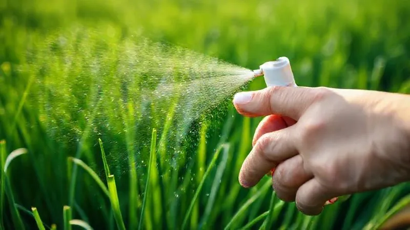 A photorealistic close-up of a hand gently spraying a fine mist of liquid fertilizer onto vibrant green chive leaves in a field. The droplets are visible, glistening on the leaves. Shot on a high-end DSLR, 8K, cinematic lighting, sharp focus on the leaves and spray, depth of field blurring the background, professional photography, illustrating foliar application. A photorealistic close-up of a hand gently spraying a fine mist of liquid fertilizer onto vibrant green chive leaves in a field. The droplets are visible, glistening on the leaves. Shot on a high-end DSLR, 8K, cinematic lighting, sharp focus on the leaves and spray, depth of field blurring the background, professional photography, illustrating foliar application.