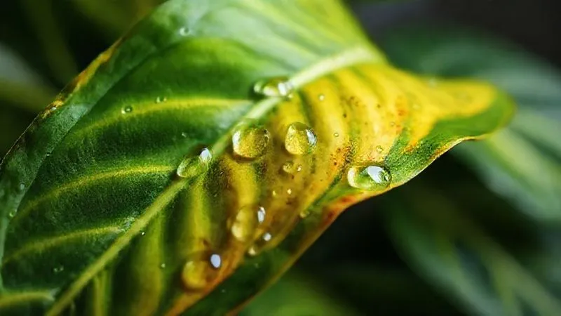 A close-up, photorealistic image of a philodendron leaf showing clear signs of yellowing and wilting due to overwatering, with water droplets clinging to the leaf surface, cinematic lighting, sharp focus on the leaf veins, depth of field blurring the background. Professional photography, 8K, shot on a high-end DSLR. A close-up, photorealistic image of a philodendron leaf showing clear signs of yellowing and wilting due to overwatering, with water droplets clinging to the leaf surface, cinematic lighting, sharp focus on the leaf veins, depth of field blurring the background. Professional photography, 8K, shot on a high-end DSLR.