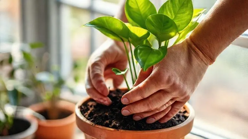 A photorealistic image of a gardener's hands gently inspecting the soil moisture of a vibrant green philodendron in a terracotta pot, with soft, indirect sunlight filtering through a window in the background. Cinematic lighting, sharp focus on the hands and soil, depth of field blurring the background. Professional photography, 8K, shot on a high-end DSLR, conveying care and attention. A photorealistic image of a gardener's hands gently inspecting the soil moisture of a vibrant green philodendron in a terracotta pot, with soft, indirect sunlight filtering through a window in the background. Cinematic lighting, sharp focus on the hands and soil, depth of field blurring the background. Professional photography, 8K, shot on a high-end DSLR, conveying care and attention.