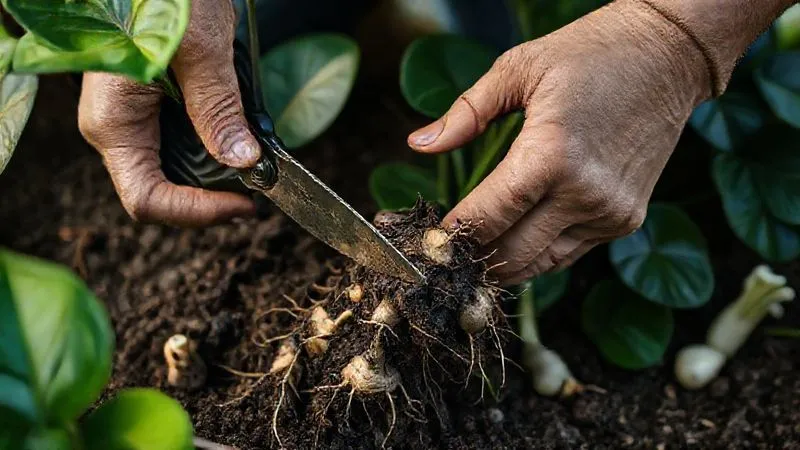 A detailed, photorealistic image showing a gardener carefully pruning dark, mushy philodendron roots with sterilized shears, while healthy white roots are visible nearby. The scene is well-lit, with a focus on the roots and hands. Professional photography, 8K, cinematic lighting, sharp focus, depth of field. Shot on a high-end DSLR. A detailed, photorealistic image showing a gardener carefully pruning dark, mushy philodendron roots with sterilized shears, while healthy white roots are visible nearby. The scene is well-lit, with a focus on the roots and hands. Professional photography, 8K, cinematic lighting, sharp focus, depth of field. Shot on a high-end DSLR.