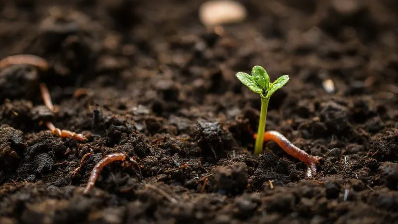 A close-up, photorealistic image of rich, dark garden soil teeming with life, visible earthworms and fine root systems, with a delicate green seedling sprouting, cinematic lighting, sharp focus, depth of field blurring the background, professional photography, 8K hyper-detailed, shot on a high-end DSLR. A close-up, photorealistic image of rich, dark garden soil teeming with life, visible earthworms and fine root systems, with a delicate green seedling sprouting, cinematic lighting, sharp focus, depth of field blurring the background, professional photography, 8K hyper-detailed, shot on a high-end DSLR.