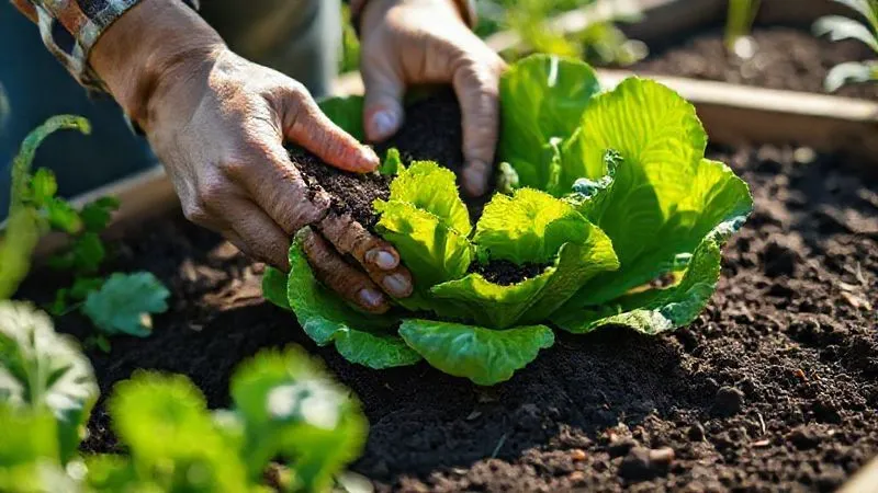A photorealistic close-up of a gardener's hands gently spreading rich, dark compost around the base of a vibrant green lettuce plant in a raised garden bed, sunlight dappling through leaves, sharp focus on the hands and soil, depth of field blurring the background, professional photography, 8K hyper-detailed, shot on a high-end DSLR. A photorealistic close-up of a gardener's hands gently spreading rich, dark compost around the base of a vibrant green lettuce plant in a raised garden bed, sunlight dappling through leaves, sharp focus on the hands and soil, depth of field blurring the background, professional photography, 8K hyper-detailed, shot on a high-end DSLR.