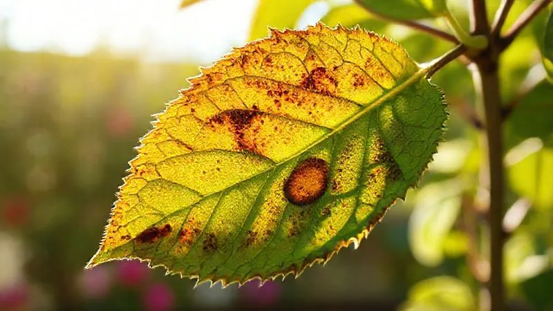 A photorealistic, professional photography, 8K, cinematic lighting, sharp focus, depth of field, shot on a high-end DSLR, of a close-up on a dwarf fruit tree leaf showing clear signs of sun scorch: brown, crispy edges and bleached spots in the center, contrasted with the healthy green parts of the leaf. The background is a slightly blurred, bright sunny garden. No cartoon, illustration, text, or logos. A photorealistic, professional photography, 8K, cinematic lighting, sharp focus, depth of field, shot on a high-end DSLR, of a close-up on a dwarf fruit tree leaf showing clear signs of sun scorch: brown, crispy edges and bleached spots in the center, contrasted with the healthy green parts of the leaf. The background is a slightly blurred, bright sunny garden. No cartoon, illustration, text, or logos.