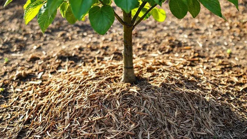 A photorealistic, professional photography, 8K, cinematic lighting, sharp focus, depth of field, shot on a high-end DSLR, of the base of a healthy dwarf fruit tree, with a thick, neatly applied layer of organic mulch (wood chips or straw) around its base, demonstrating proper mulching technique. The tree trunk is clear of mulch. Soft, diffused sunlight. No cartoon, illustration, text, or logos. A photorealistic, professional photography, 8K, cinematic lighting, sharp focus, depth of field, shot on a high-end DSLR, of the base of a healthy dwarf fruit tree, with a thick, neatly applied layer of organic mulch (wood chips or straw) around its base, demonstrating proper mulching technique. The tree trunk is clear of mulch. Soft, diffused sunlight. No cartoon, illustration, text, or logos.