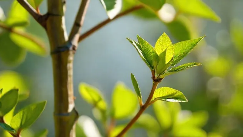 A photorealistic, professional photography, 8K, cinematic lighting, sharp focus, depth of field, shot on a high-end DSLR, of a close-up on a young dwarf fruit tree showing new, vibrant green leaf growth emerging from stems where old, sun-damaged leaves were removed. The background is slightly blurred with a soft, encouraging light. No cartoon, illustration, text, or logos. A photorealistic, professional photography, 8K, cinematic lighting, sharp focus, depth of field, shot on a high-end DSLR, of a close-up on a young dwarf fruit tree showing new, vibrant green leaf growth emerging from stems where old, sun-damaged leaves were removed. The background is slightly blurred with a soft, encouraging light. No cartoon, illustration, text, or logos.
