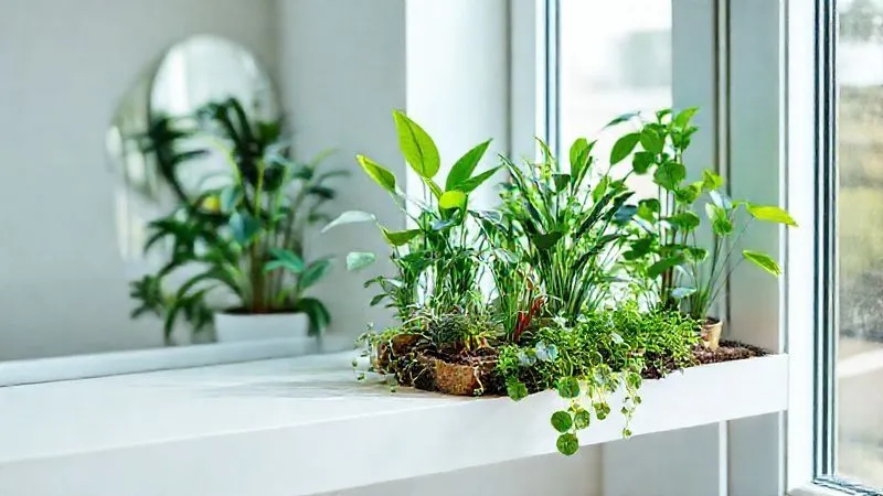 photorealistic, professional photography, 8K, cinematic lighting, sharp focus, depth of field, shot on a high-end DSLR, a meticulously arranged mini indoor garden on a clean white shelf, strategically placed near a large, clean window, with a subtle mirror reflecting light onto the plants, showcasing optimized natural light utilization. The plants are healthy and vibrant. photorealistic, professional photography, 8K, cinematic lighting, sharp focus, depth of field, shot on a high-end DSLR, a meticulously arranged mini indoor garden on a clean white shelf, strategically placed near a large, clean window, with a subtle mirror reflecting light onto the plants, showcasing optimized natural light utilization. The plants are healthy and vibrant.