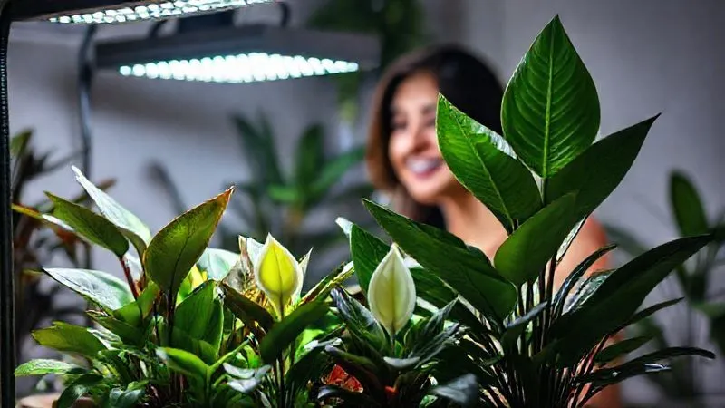 photorealistic, professional photography, 8K, cinematic lighting, sharp focus, depth of field, shot on a high-end DSLR, a thriving mini indoor garden featuring a Zamioculcas, Peperomia, and a Peace Lily, all vibrant and healthy, bathed in the soft glow of a perfectly positioned LED grow light, with a proud, smiling woman admiring her lush plants in the background, symbolizing success and joy. photorealistic, professional photography, 8K, cinematic lighting, sharp focus, depth of field, shot on a high-end DSLR, a thriving mini indoor garden featuring a Zamioculcas, Peperomia, and a Peace Lily, all vibrant and healthy, bathed in the soft glow of a perfectly positioned LED grow light, with a proud, smiling woman admiring her lush plants in the background, symbolizing success and joy.