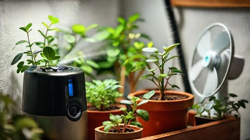 photorealistic, professional photography, 8K, cinematic lighting, sharp focus, depth of field, shot on a high-end DSLR, a meticulously cared-for mini indoor garden setup, showing a small humidifier gently misting plants, a small fan providing air circulation, and a clean, well-draining pot, all contributing to a holistic healthy environment for the plants. photorealistic, professional photography, 8K, cinematic lighting, sharp focus, depth of field, shot on a high-end DSLR, a meticulously cared-for mini indoor garden setup, showing a small humidifier gently misting plants, a small fan providing air circulation, and a clean, well-draining pot, all contributing to a holistic healthy environment for the plants.