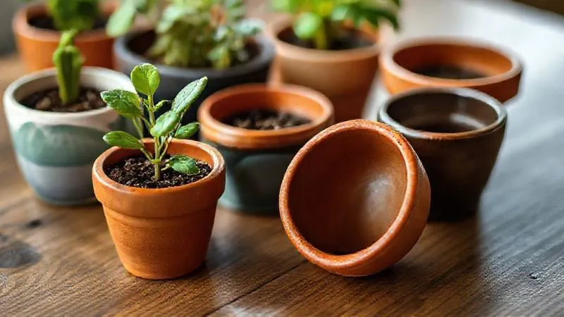 A photorealistic, professional photography, 8K image of various tiny plant pots made of different materials (terracotta, glazed ceramic, plastic), arranged on a wooden table. One pot has a healthy mini plant, another is empty, showcasing the drainage hole. Cinematic lighting, sharp focus on the pots, depth of field blurring the background, shot on a high-end DSLR. A photorealistic, professional photography, 8K image of various tiny plant pots made of different materials (terracotta, glazed ceramic, plastic), arranged on a wooden table. One pot has a healthy mini plant, another is empty, showcasing the drainage hole. Cinematic lighting, sharp focus on the pots, depth of field blurring the background, shot on a high-end DSLR.