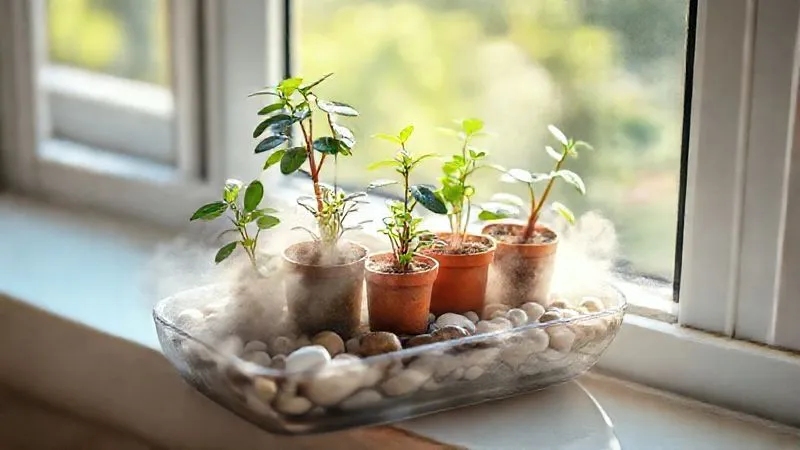 A photorealistic, professional photography, 8K image of several tiny potted plants grouped together on a pebble tray with water, on a sunlit windowsill. A gentle mist is visible around the plants, creating a humid microclimate. Cinematic lighting, sharp focus on the plants and mist, depth of field blurring the background, shot on a high-end DSLR. A photorealistic, professional photography, 8K image of several tiny potted plants grouped together on a pebble tray with water, on a sunlit windowsill. A gentle mist is visible around the plants, creating a humid microclimate. Cinematic lighting, sharp focus on the plants and mist, depth of field blurring the background, shot on a high-end DSLR.