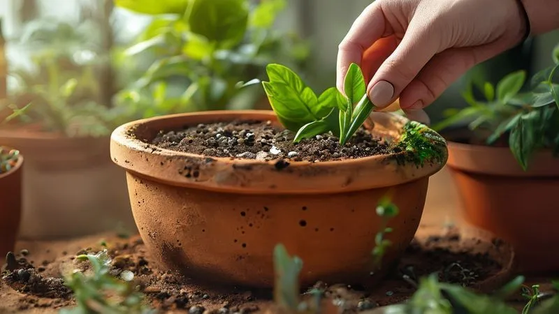 A professional photography, 8K, cinematic lighting, sharp focus on a terracotta pot with large drainage holes at the bottom, a hand gently adding a light, airy soil mix with visible perlite and compost, depth of field blurring a background of other healthy potted plants, shot on a high-end DSLR, conveying meticulous care in gardening.