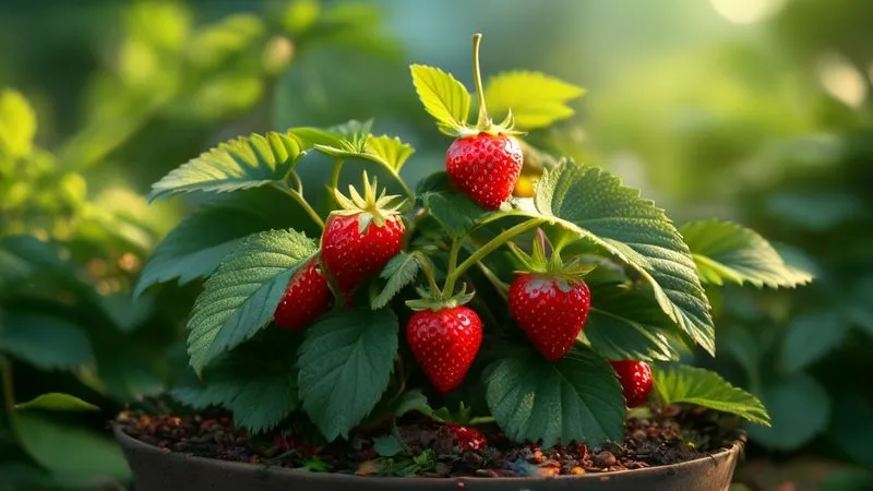 A photorealistic image of a healthy strawberry plant in a pot, with its leaves neatly trimmed and fruits clearly visible, surrounded by ample air circulation. Cinematic lighting highlights the freshness of the plant, sharp focus on the well-spaced foliage, depth of field blurring a pristine garden background, 8K hyper-detailed, shot on a high-end DSLR, conveying meticulous care.